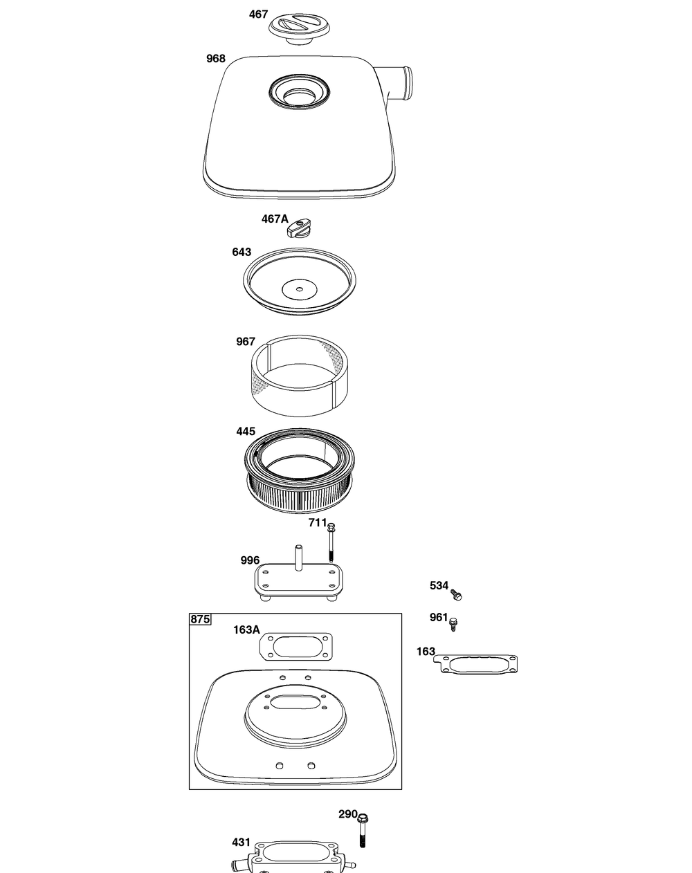 Air Cleaner Group Diagram and Parts List for 61E377-0155-J1 400000 - 699999 Briggs and Stratton Engine